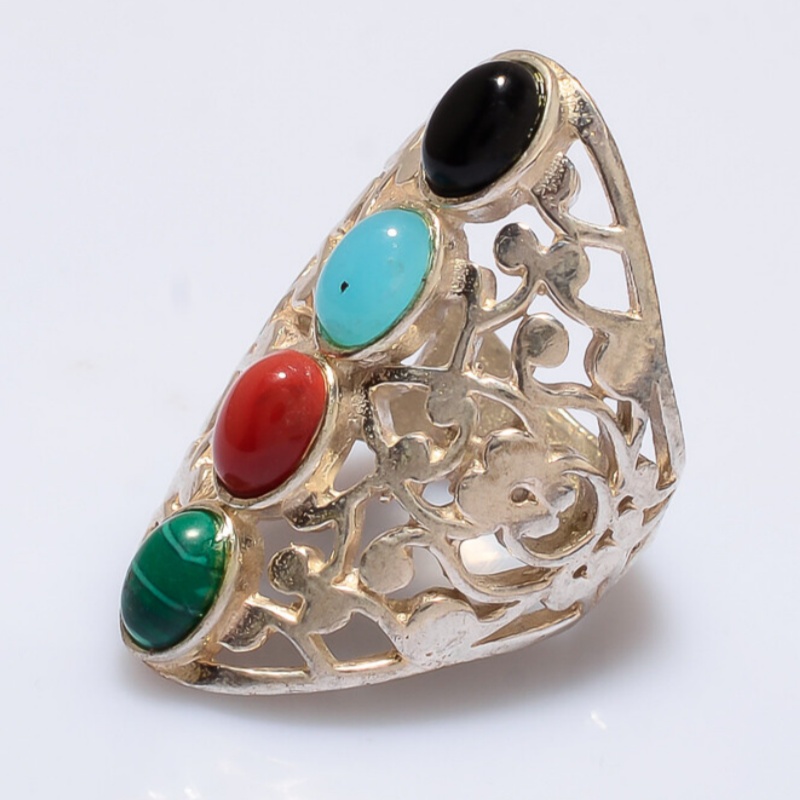 Bohemian Hollowed-Out Wide Ring with Multi-Colored Synthetic Zircons